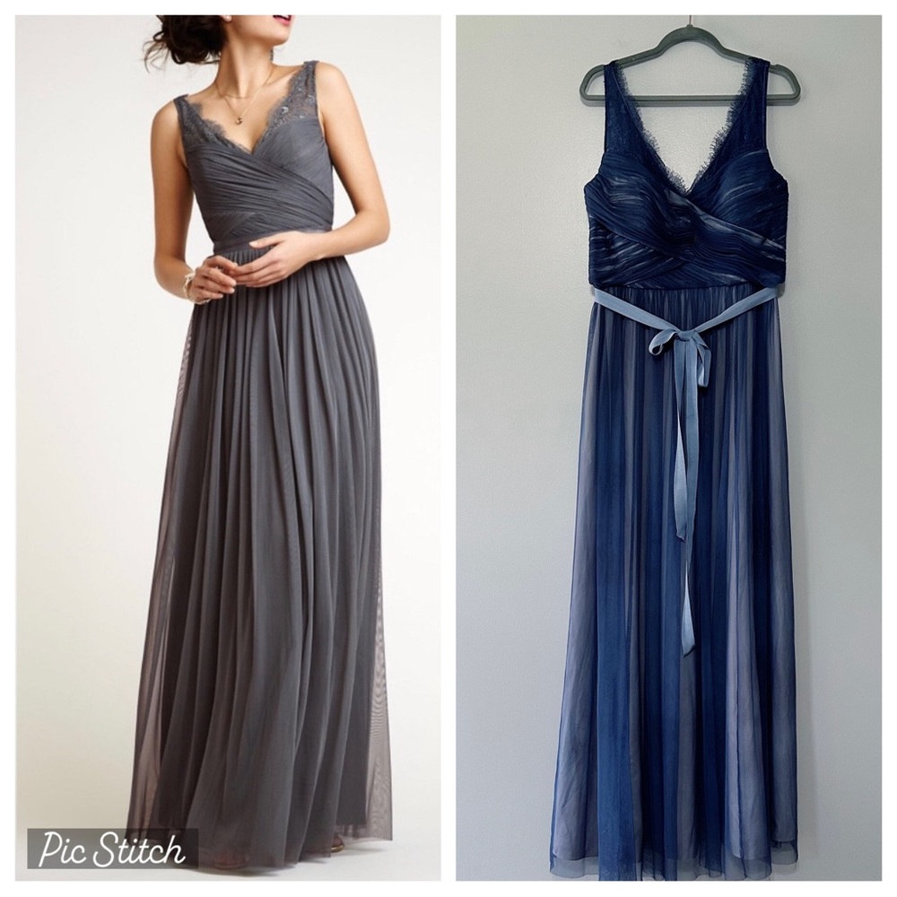 Anthropologie Navy Blue V-Neck Chiffon Prom Dress